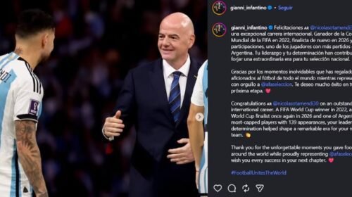 El emotivo mensaje del presidente de la FIFA a Nicolás Otamendi tras su retiro de la Selección